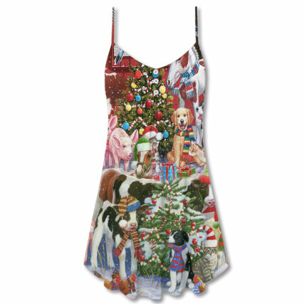 Christmas Farm Animals Happy With Xmas - V-neck Sleeveless Cami Dress - Owl Ohh - Owl Ohh