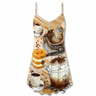 Cat Do You Wanna Drink Me Coffee - V-neck Sleeveless Cami Dress - Owl Ohh - Owl Ohh
