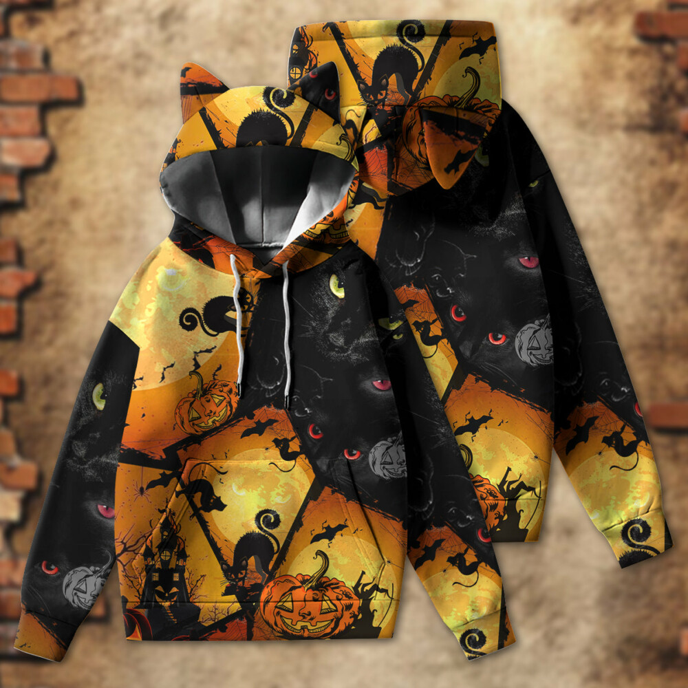 Halloween Night Black Cat - Ears Hoodie - Owl Ohh - Owl Ohh