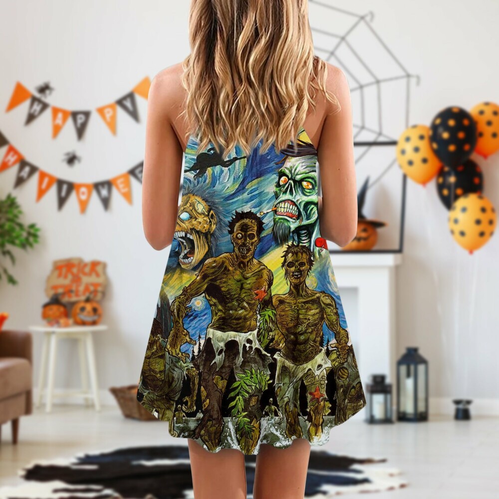 Halloween Zombie Crazy Starry Night Funny Boo Art Style - V-neck Sleeveless Cami Dress - Owl Ohh - Owl Ohh