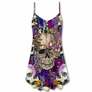 Skull Mushroom Crazy Bright Magic Psychedelic Skull - V-neck Sleeveless Cami Dress - Owl Ohh - Owl Ohh