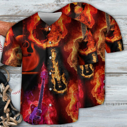 Guitar Fire Red Flame Music Lover - Baseball Jersey - Owl Ohh - Owl Ohh