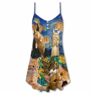 Cat The Sight Of Stars Makes Cat Dream - V-neck Sleeveless Cami Dress - Owl Ohh - Owl Ohh