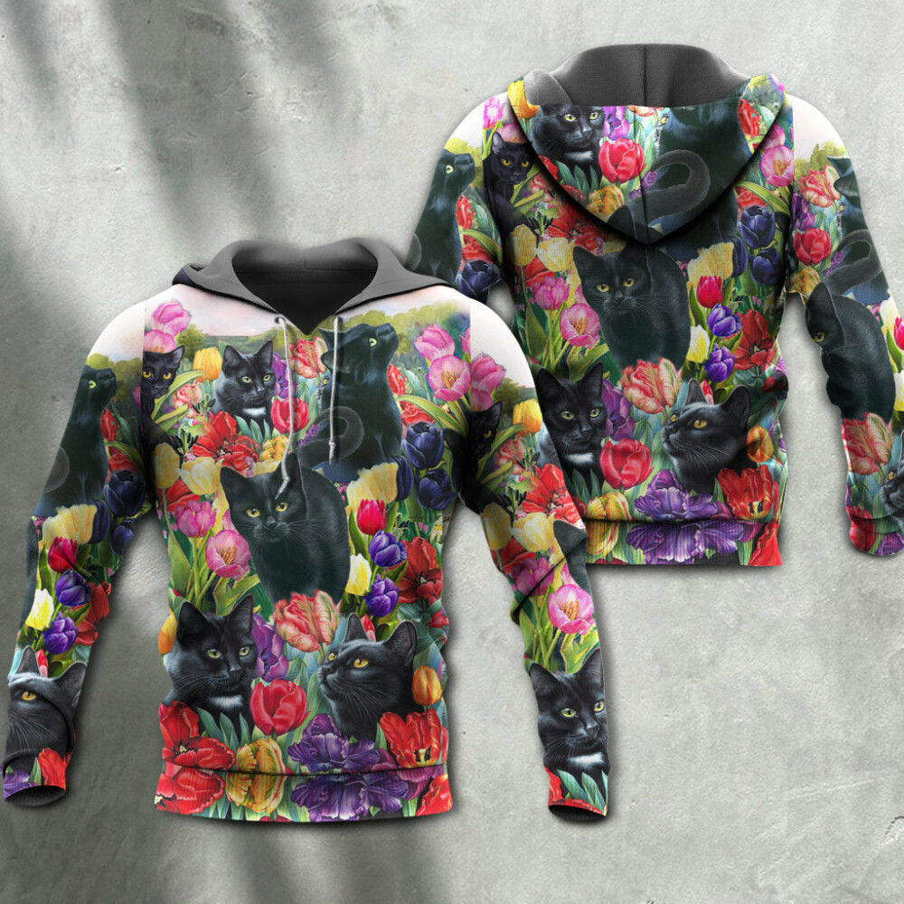 Black Cat Love Flowers Colorful - Hoodie - Owl Ohh - Owl Ohh
