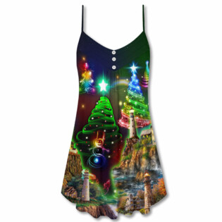 Christmas Lighthouse And Merry Christmas Happy - V-neck Sleeveless Cami Dress - Owl Ohh - Owl Ohh