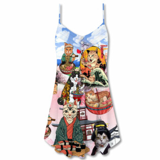 Cat Samurai With Ramen Lovely - V-neck Sleeveless Cami Dress - Owl Ohh - Owl Ohh