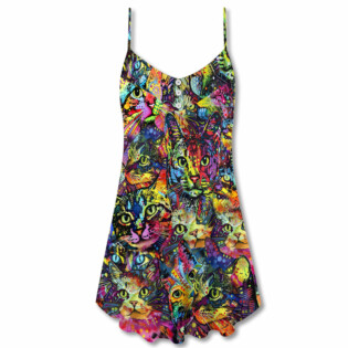 Cat Smile Colorful Style - V-neck Sleeveless Cami Dress - Owl Ohh - Owl Ohh