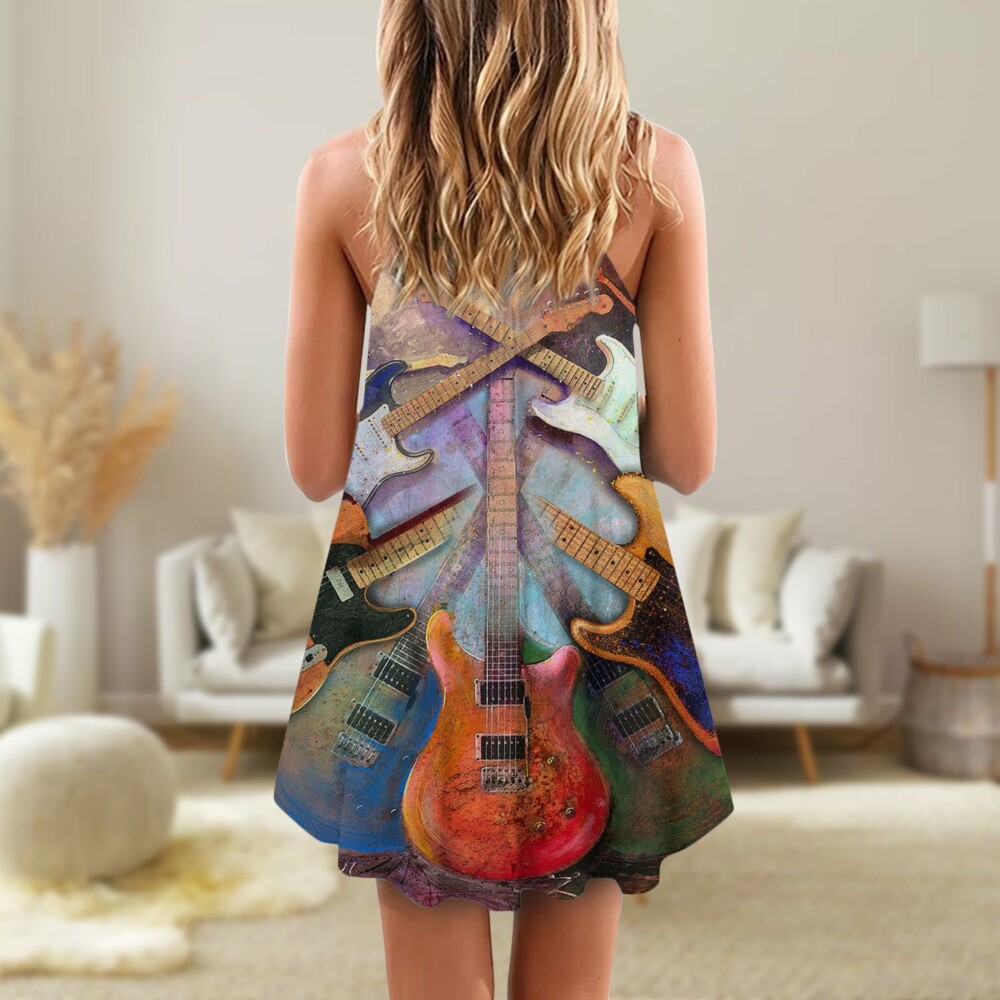 Guitar Abstract Colorful Lover Guitar Art Style - V-neck Sleeveless Cami Dress - Owl Ohh - Owl Ohh