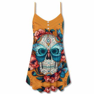 Skull And Butterfly Abstract Vintage Colorful - V-neck Sleeveless Cami Dress - Owl Ohh - Owl Ohh