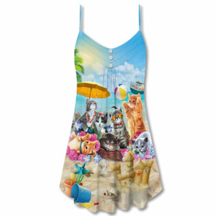 Cat Happy Love Beach Sunshine - V-neck Sleeveless Cami Dress - Owl Ohh - Owl Ohh