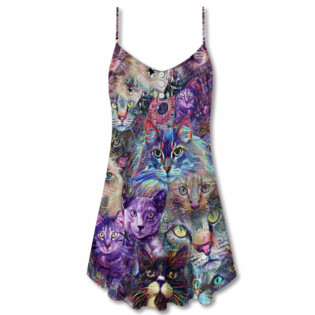 Cat Psychedelic Purple Style - V-neck Sleeveless Cami Dress - Owl Ohh - Owl Ohh