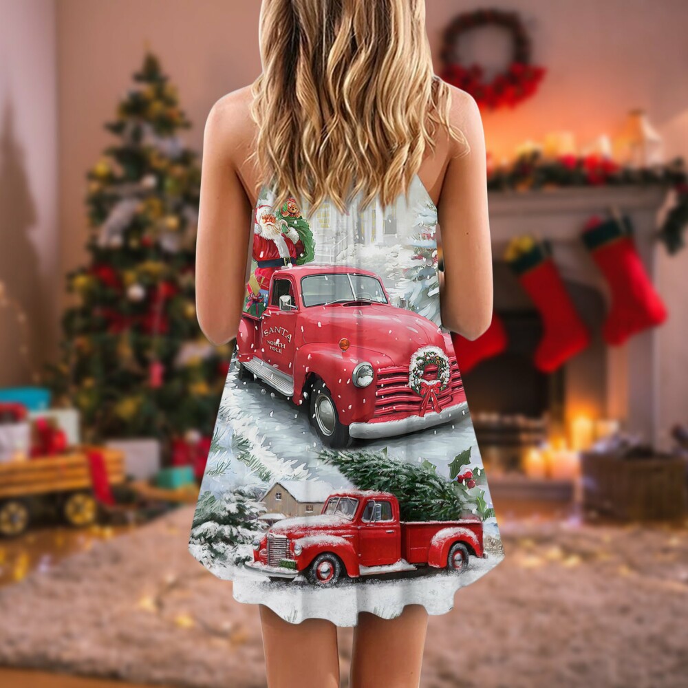 Christmas Santa Claus Red Truck Xmas Is Coming Art Style - V-neck Sleeveless Cami Dress - Owl Ohh - Owl Ohh