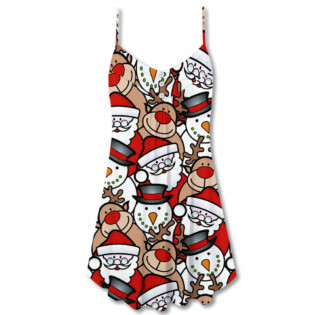 Christmas Cutie Santa And Reindeer Funny Style - V-neck Sleeveless Cami Dress - Owl Ohh - Owl Ohh