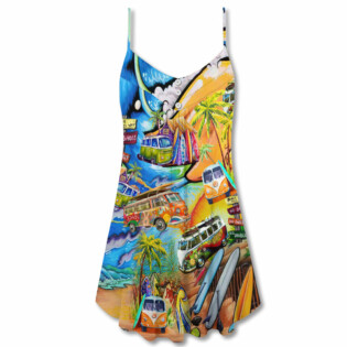 Hippie Bus Love Beach Summer - V-neck Sleeveless Cami Dress - Owl Ohh - Owl Ohh