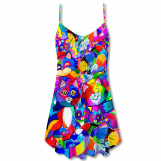 Cat Colorfull Rainbow Style - V-neck Sleeveless Cami Dress - Owl Ohh - Owl Ohh