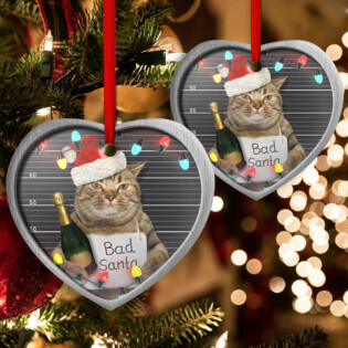 Christmas Cat Bad Santa Champagne And Santa Hat - Heart Ornament - Owl Ohh - Owl Ohh
