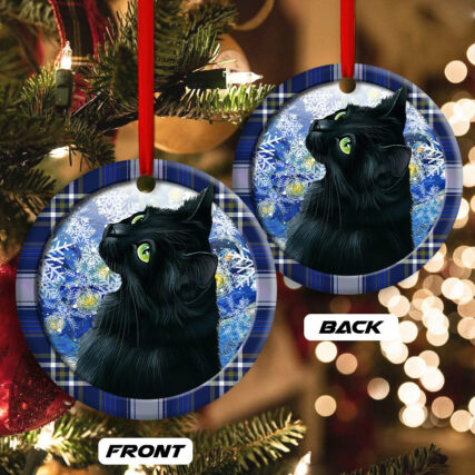 Christmas Black Cat Stary Snowy Night - Circle Ornament - Owl Ohh - Owl Ohh