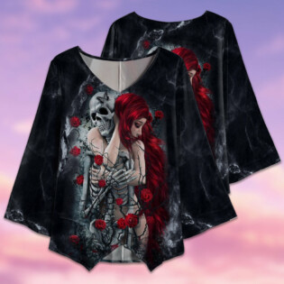 Skull Couple Love Rose Style - V-neck T-shirt - Owl Ohh - Owl Ohh