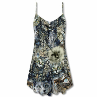 Cat Vintage Neutral Flower Cool - V-neck Sleeveless Cami Dress - Owl Ohh - Owl Ohh