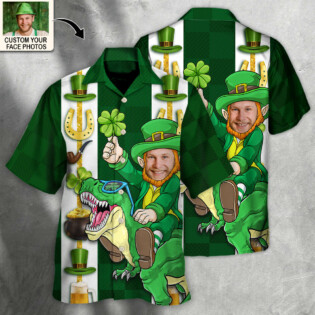 ST Patrick's Day Leprechaun Riding Dinosaur Funny Custom Photo Personalized - Hawaiian Shirt - Personalized Photo Gifts for men and women, kids - Owl Ohh