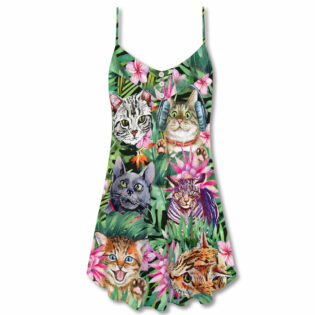 Cat Is My Life Funny Tropical Leaf - V-neck Sleeveless Cami Dress - Owl Ohh - Owl Ohh