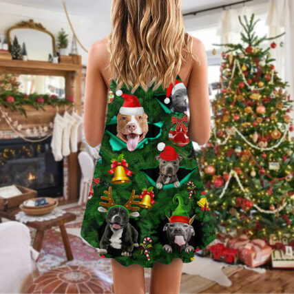 Dog Merry Pit-Mas PitBull Christmas - V-neck Sleeveless Cami Dress - Owl Ohh - Owl Ohh