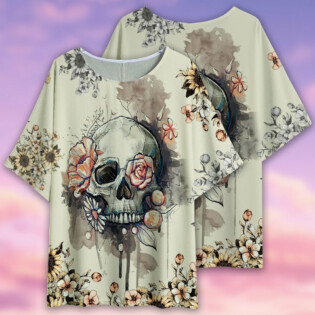 Skull Vintage Flower Style - Women's T-shirt With Bat Sleeve - Owl Ohh - Owl Ohh