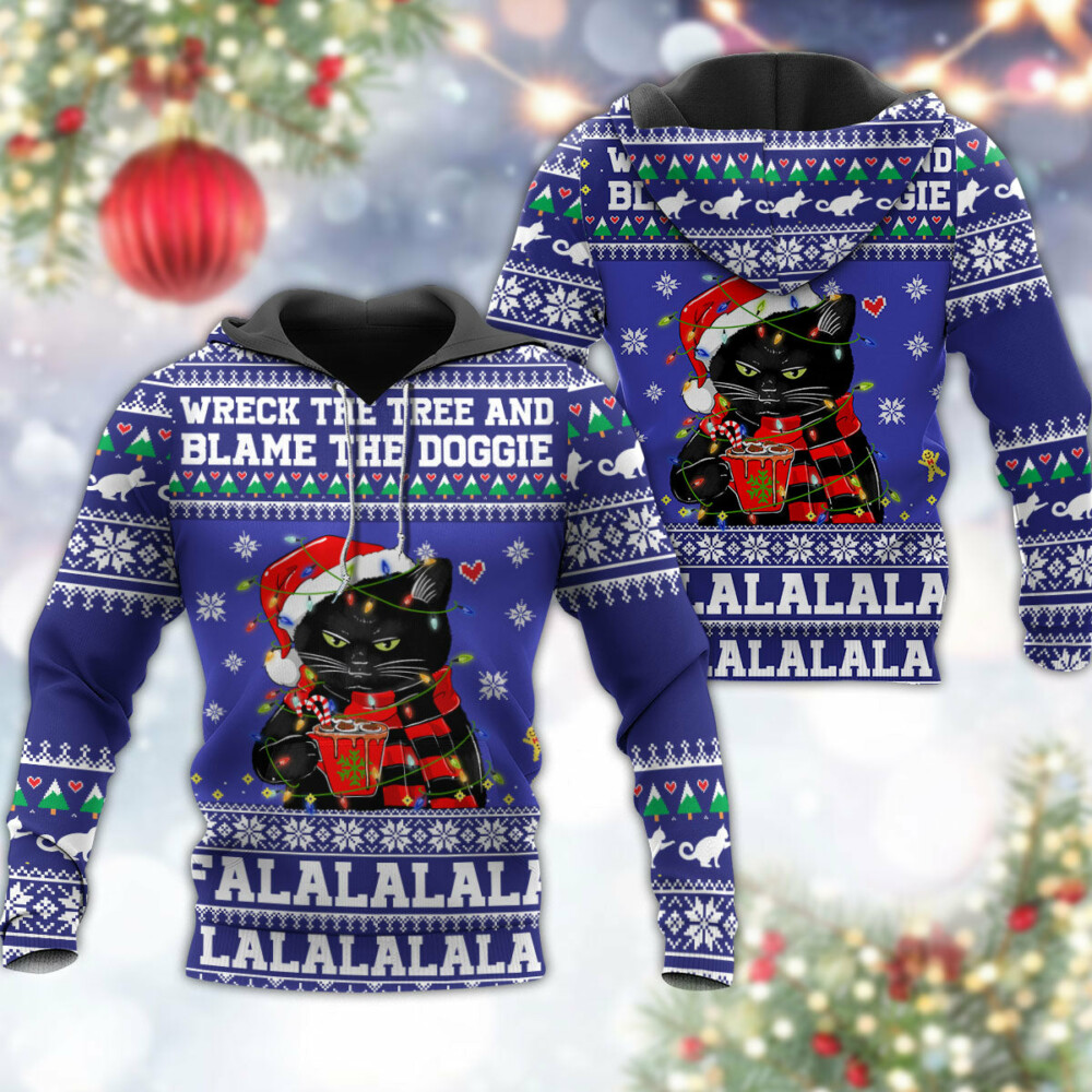 Black Cat Wreck The Tree And Blame The Doggies Christmas - Hoodie - Owl Ohh - Owl Ohh