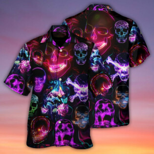 Skull Neon Art Happy Holiday - Hawaiian Shirt - Owl Ohh for men and women, kids - Owl Ohh
