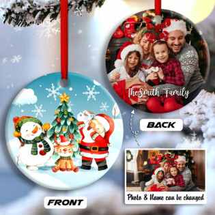 Christmas Santa Snowman And Deer Happy Together Custom Photo Personalized - Circle Ornament - Owl Ohh - Owl Ohh