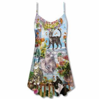 Cat Loves Home And Loves Summer - V-neck Sleeveless Cami Dress - Owl Ohh - Owl Ohh