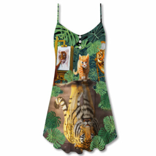 Cat And Tiger With Tropical Leaf - V-neck Sleeveless Cami Dress - Owl Ohh - Owl Ohh