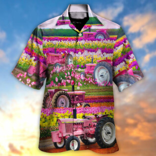 Tractor In Field Tulip Rural Landscape Majestically - Hawaiian Shirt - Owl Ohh - Owl Ohh