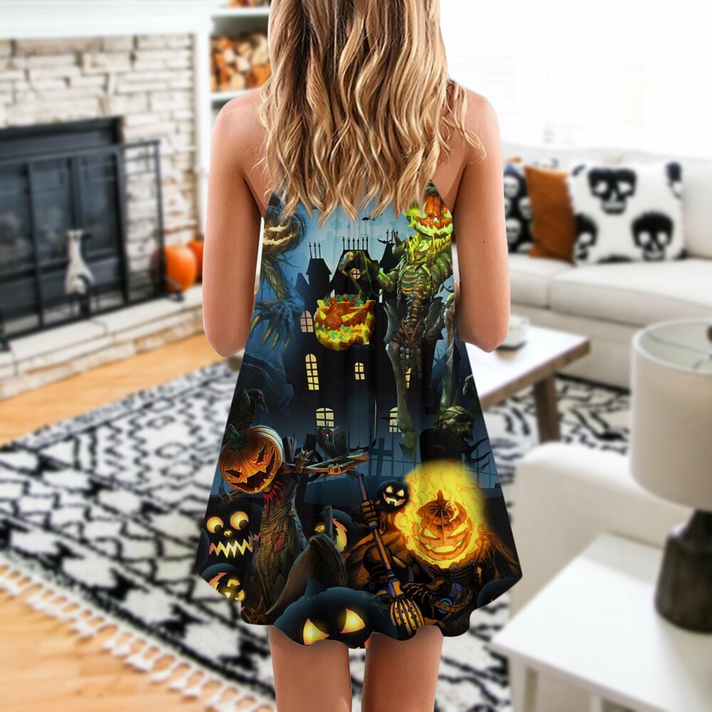 Halloween Pumpkin Scary Sky Night - V-neck Sleeveless Cami Dress - Owl Ohh - Owl Ohh