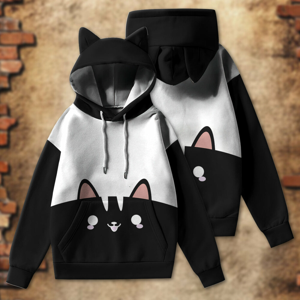 Cat Black And White Style - Ears Hoodie - Owl Ohh - Owl Ohh