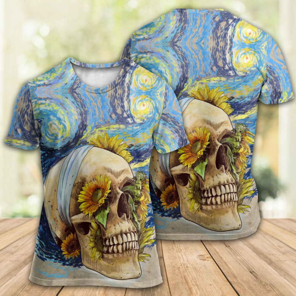 Skull And Sunflower Vintage Amazing Starry Night - Round Neck T-shirt - Owl Ohh - Owl Ohh
