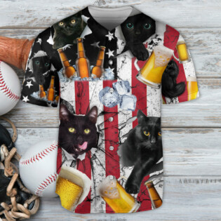 Beer And Black Cat American Flag Vintage - Baseball Jersey - Owl Ohh - Owl Ohh