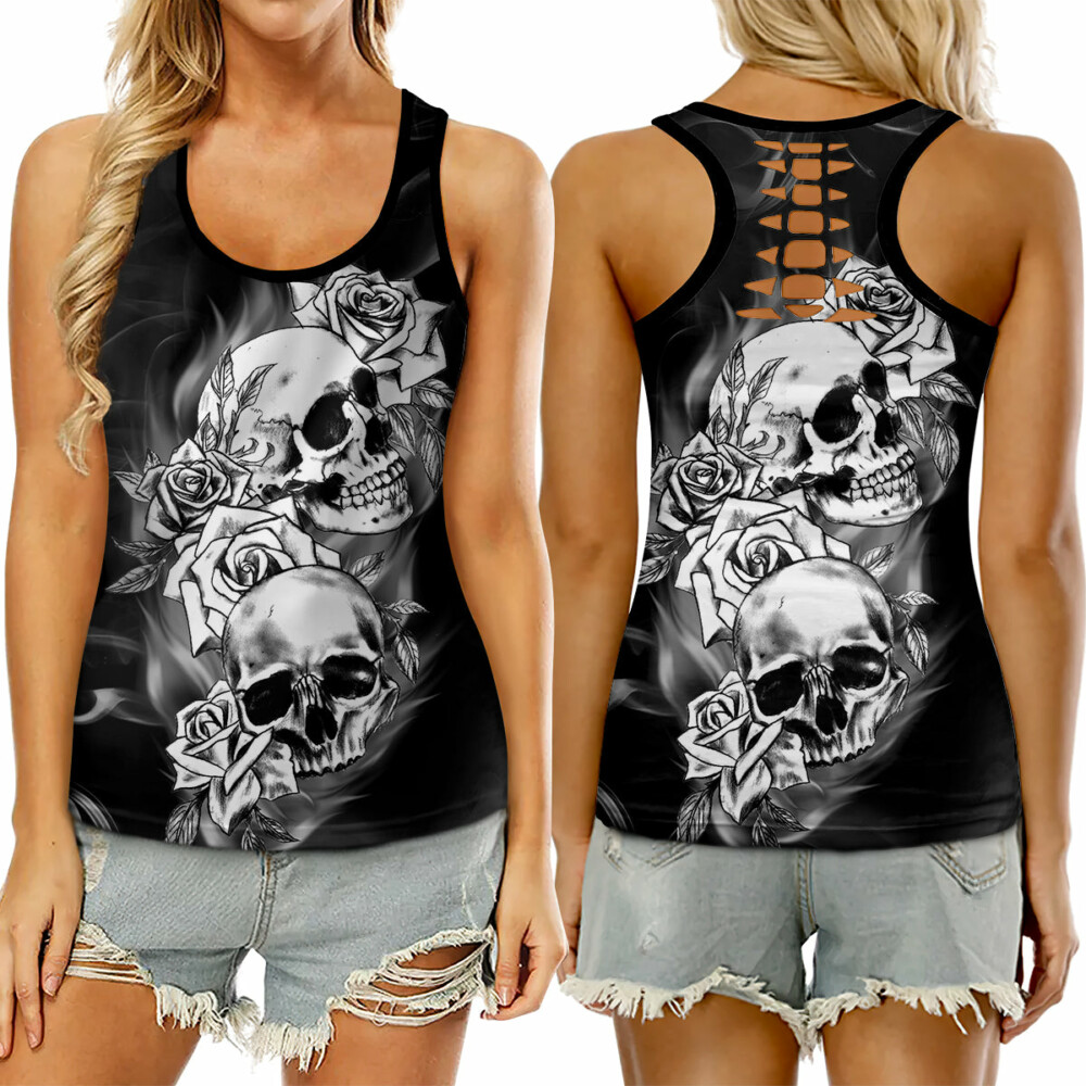 Skull And Rose Black And White Color - Tank Top Hollow - Owl Ohh - Owl Ohh