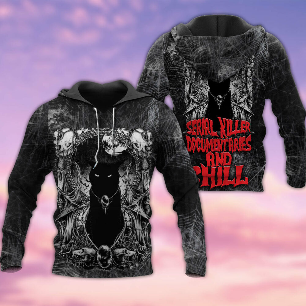 Black Cat Scary Serial Killer Documentaries And Chill - Hoodie - Owl Ohh - Owl Ohh