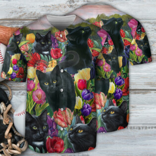 Black Cat Love Flowers Colorfull - Baseball Jersey - Owl Ohh - Owl Ohh