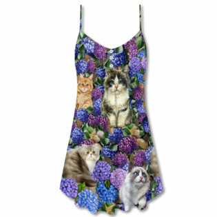 Cat Lovely And Purple Flowers - V-neck Sleeveless Cami Dress - Owl Ohh - Owl Ohh