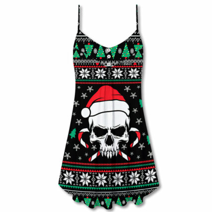 Christmas Skull Wearing Santa Claus Hat And Sweat Candy - V-neck Sleeveless Cami Dress - Owl Ohh - Owl Ohh
