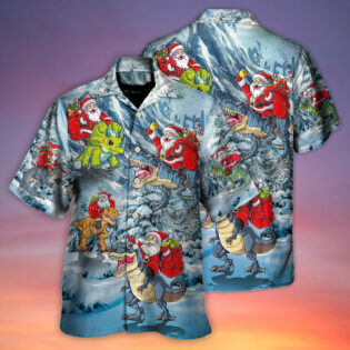 Christmas Santa Claus Riding Dinosaur Christmas Tree Gift Light Art Style - Hawaiian Shirt - Owl Ohh - Owl Ohh