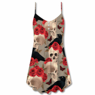 Skull With Rose Flower And Raven Gothic Style - V-neck Sleeveless Cami Dress - Owl Ohh - Owl Ohh