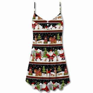 Christmas Happy Night With Santa Reindeer And Bear - V-neck Sleeveless Cami Dress - Owl Ohh - Owl Ohh