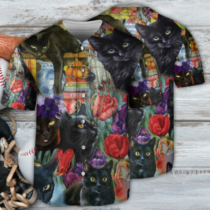 Black Cat Art With Flowers - Baseball Jersey - Owl Ohh - Owl Ohh