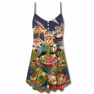 Cat Eating Ramen Lovely - V-neck Sleeveless Cami Dress - Owl Ohh - Owl Ohh
