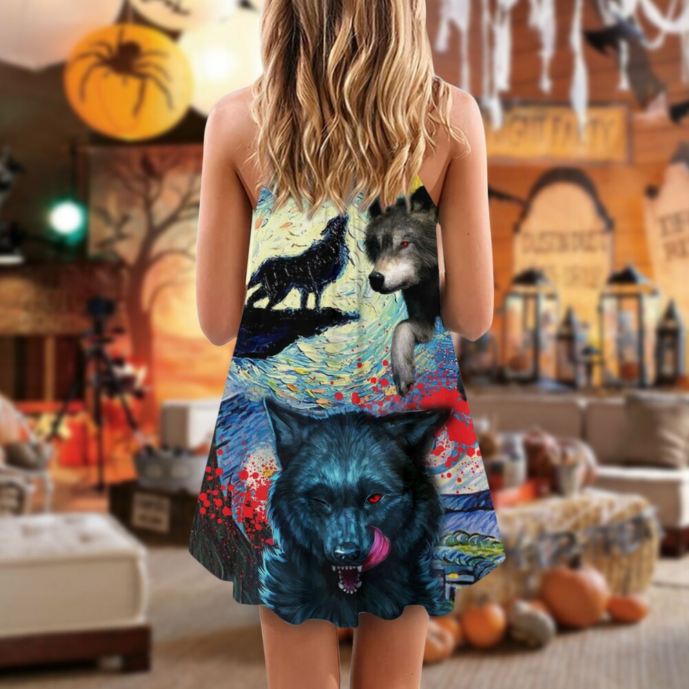 Halloween Black Wolf Crazy Starry Night Blood Art Style - V-neck Sleeveless Cami Dress - Owl Ohh - Owl Ohh