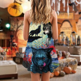 Halloween Black Wolf Crazy Starry Night Blood Art Style - V-neck Sleeveless Cami Dress - Owl Ohh - Owl Ohh
