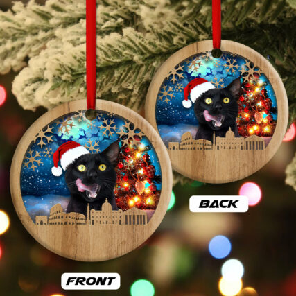 Christmas Black Cat Happy Xmas Light Santa Claus Decor Tree Hanging - Circle Ornament - Owl Ohh - Owl Ohh
